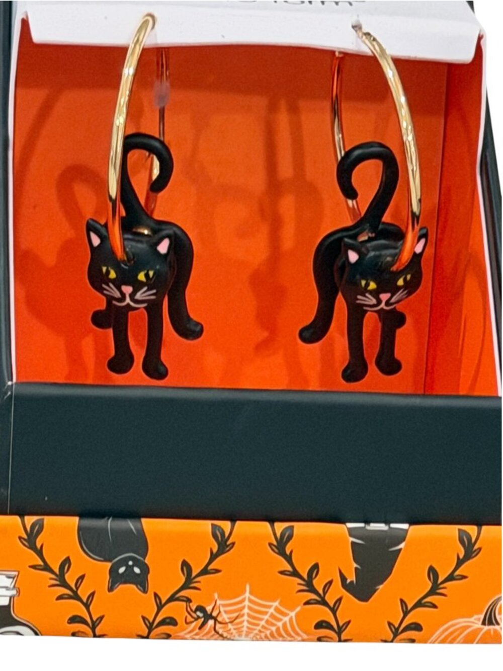 True To Form Black Cat Gold Tone Hoop Halloween Earrings New in Box